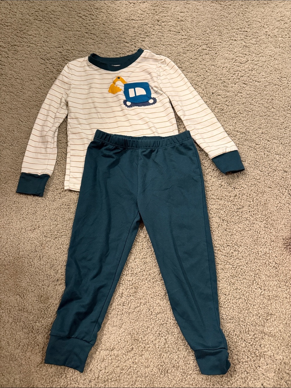 Tahari Cream Striped Top and Teal Accent Pajama Set with Dump Truck